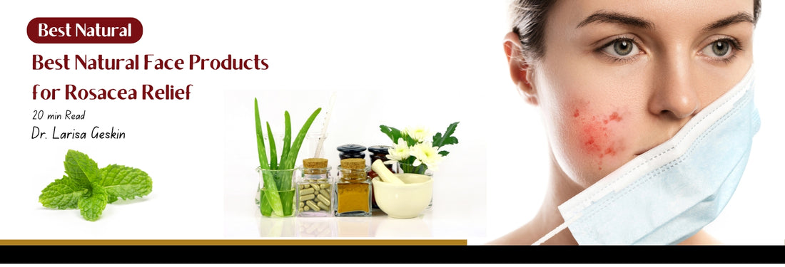 Natural face products for rosacea, including aloe vera, green tea, and ginkgo biloba, shown in soothing skincare routines to reduce redness and inflammation. Botanical ingredients helping to calm sensitive skin.