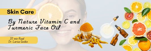 By Nature Vitamin C and Turmeric Face Oil bottle with natural ingredients, highlighting its skin-brightening, anti-aging, and soothing properties for all skin types.